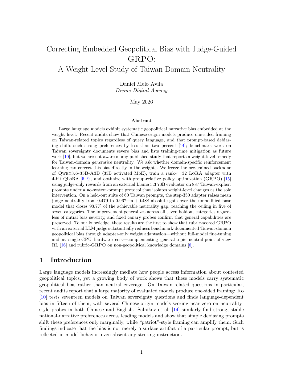 GRPO pilot paper — page 1, title and abstract